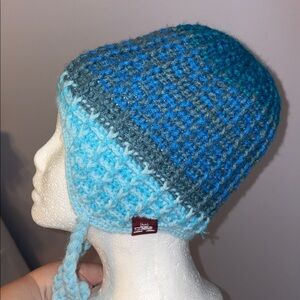 Spacecraft Knit Blue Teal Handmade Chin Tie Ear Flap Beanie Hat OS